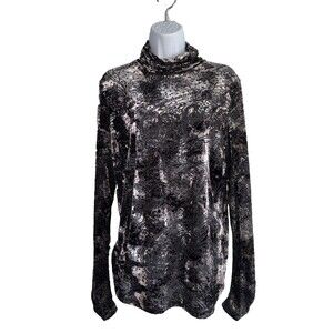 SnoSkins Vtg Y2K Black Velvet Burnout Turtleneck Top Size XL Ruched Sleeve